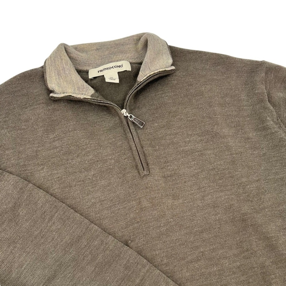 Pronto Uomo Mens Taupe Brown 100% Merino Wool Quarter Zip Mock Neck Sweater M